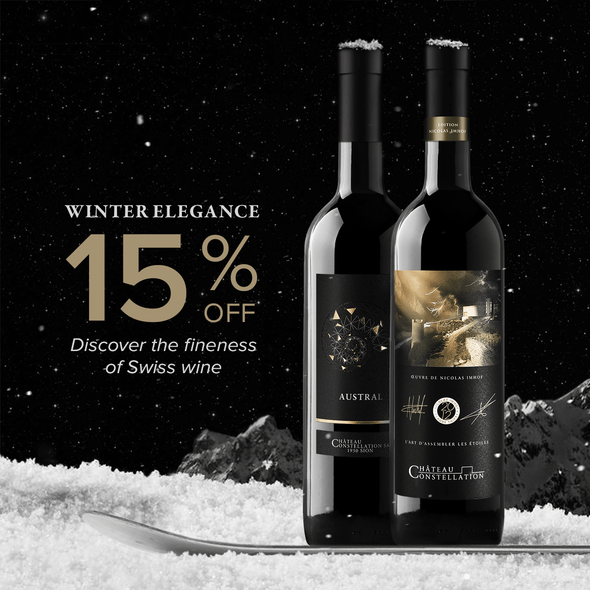 Winter Elegance. -15% off. Discover the fineness of Swiss wine.